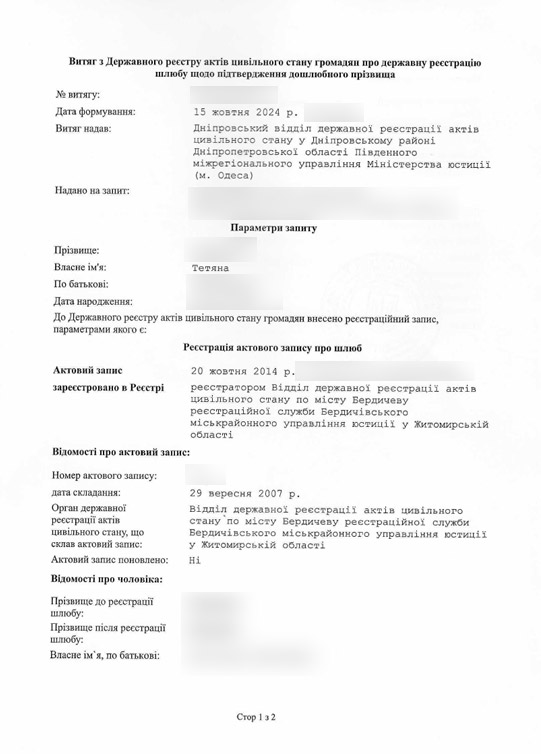 Витяг про дошлюбне прізвище